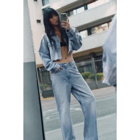 ZARA TRF STRAIGHT-LEG RHINESTONE HIGH-WAIST JEANS - Picture 2 of 8